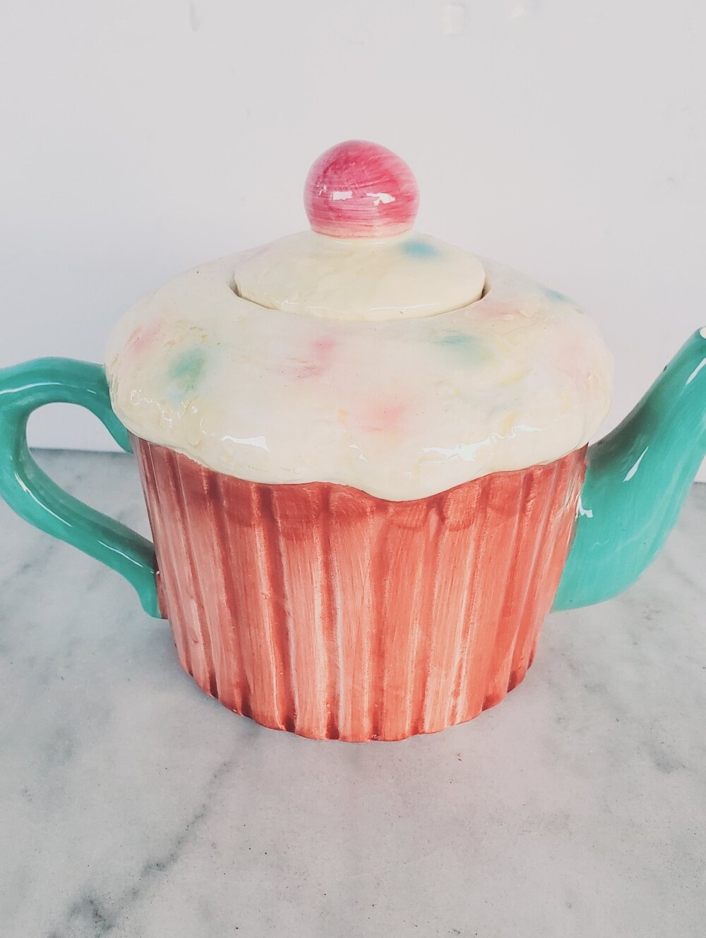 Cupcake Teapot Sprinkles Cherry Lid Ceramic Green Multi Colored Pastel Vintage